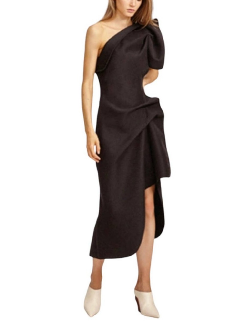 Acler Crawford Ruffles One Shoulder Crepe De Chine Black Midi Dress Size 2 NWT